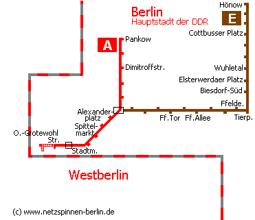 Das U-Bahnnetz der BVG-Ost im Jahr 1989 mit Linie A (Kleinprofil) und Linie E (Großprofil)